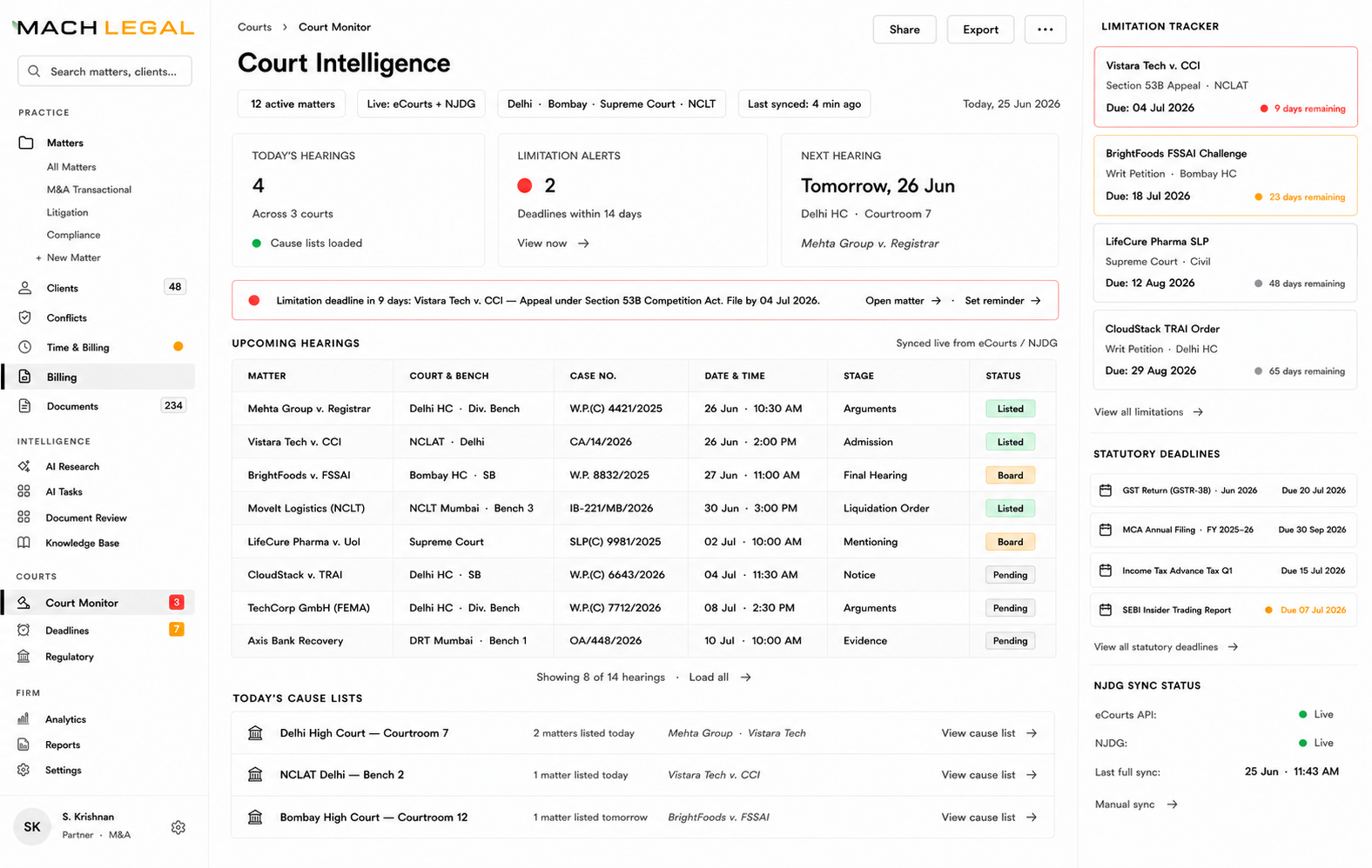Court intelligence dashboard — eCourts, hearing dates, limitation alerts